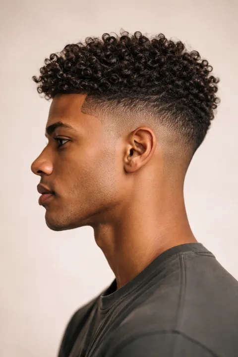 Corte rizado con fade bajo limpio visto de lado Corte rizado con fade bajo limpio visto de lado