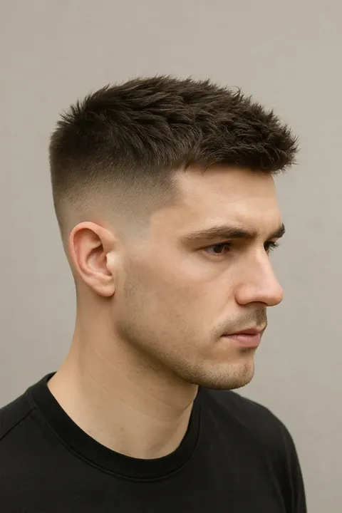 Crew cut con taper fade en rostro de forma redonda Crew cut con taper fade en rostro de forma redonda
