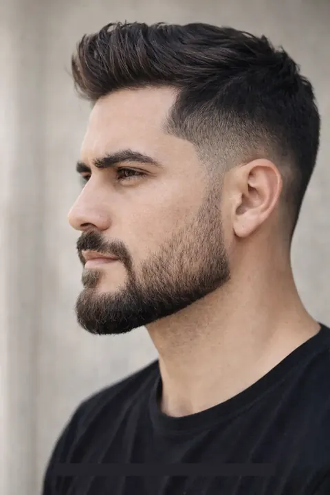 Taper fade con quiff voluminoso y barba en rostro cuadrado Taper fade con quiff voluminoso y barba en rostro cuadrado
