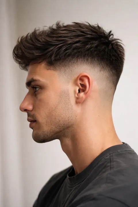 Taper fade con la parte superior texturizada y ondulada, vista de perfil