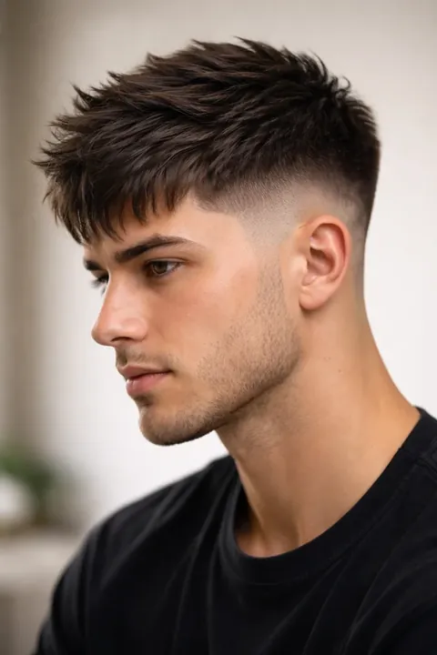 Taper fade con flequillo texturizado, vista tres cuartos