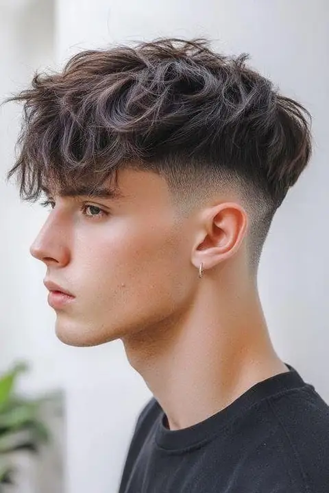 Taper fade con flequillo rizado y texturizado, estilo juvenil