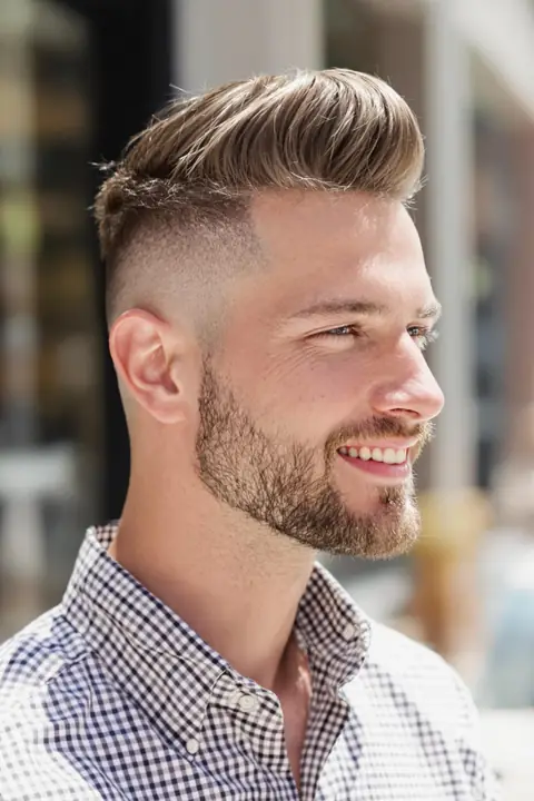 Mid fade de altura media con quiff voluminoso hacia un lado Mid fade de altura media con quiff voluminoso hacia un lado