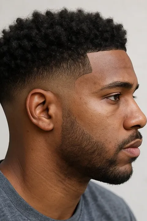 Mid taper fade con cabello rizado en la parte superior Mid taper fade con cabello rizado en la parte superior